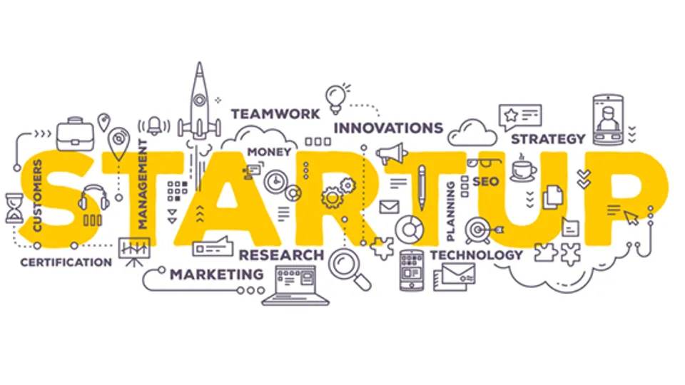 Word cloud illustration around the word STARTUP: teamwork, innovation, strategy, research and technology.